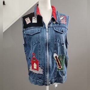 Denim Sleeveless Embellished School Themed Vest Dressbarn Cotton Size L Large